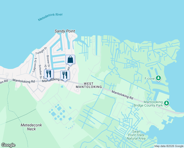 map of restaurants, bars, coffee shops, grocery stores, and more near 99 West Mantoloking Drive in Brick Township