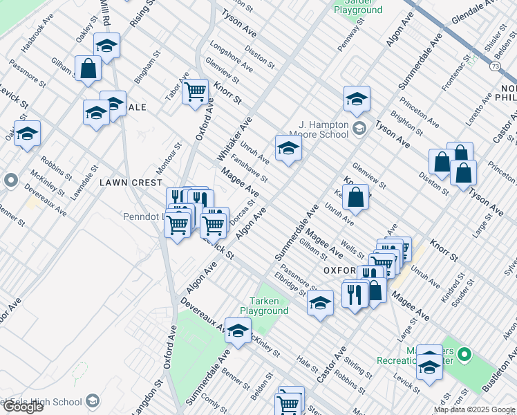 map of restaurants, bars, coffee shops, grocery stores, and more near 6526 Algon Avenue in Philadelphia