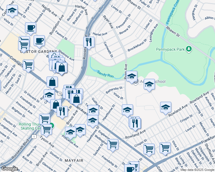 map of restaurants, bars, coffee shops, grocery stores, and more near 7525 Brous Avenue in Philadelphia