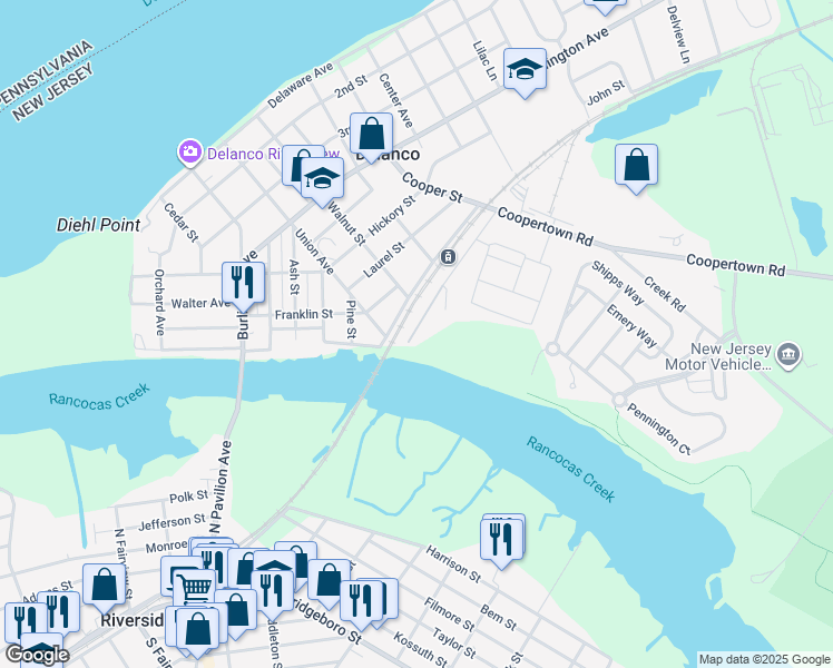 map of restaurants, bars, coffee shops, grocery stores, and more near 200 Rhawn Street in Delanco