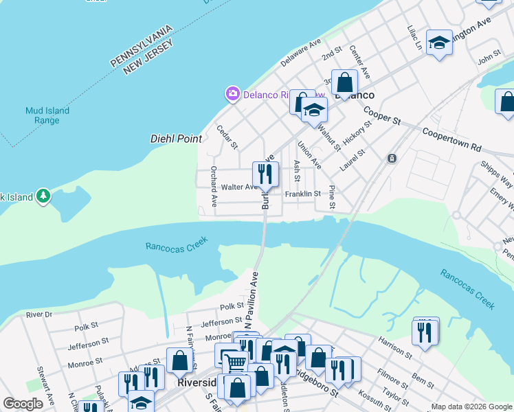 map of restaurants, bars, coffee shops, grocery stores, and more near 205 Burlington Avenue in Delanco