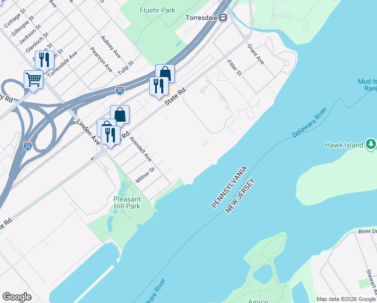 map of restaurants, bars, coffee shops, grocery stores, and more near 40103 Delaire Landing Road in Philadelphia