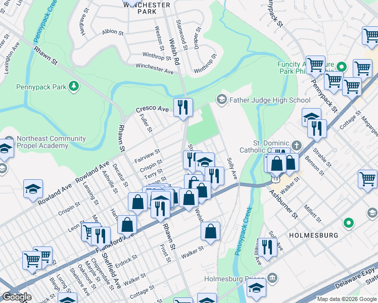 map of restaurants, bars, coffee shops, grocery stores, and more near 3422 Stanwood Street in Philadelphia