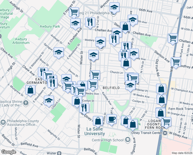 map of restaurants, bars, coffee shops, grocery stores, and more near 2106 Church Lane in Philadelphia