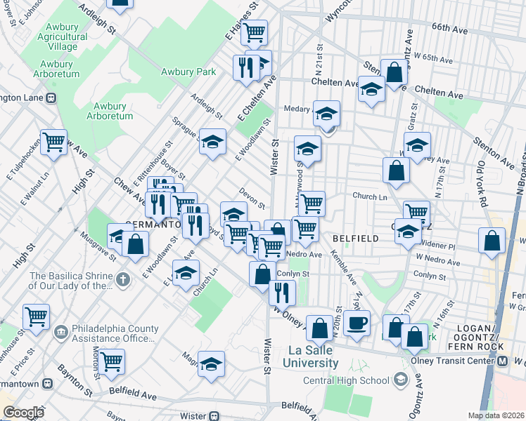 map of restaurants, bars, coffee shops, grocery stores, and more near 917R Church Lane in Philadelphia