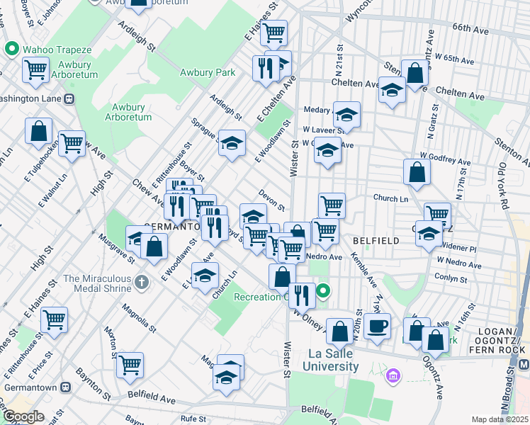 map of restaurants, bars, coffee shops, grocery stores, and more near 5535 Boyer Street in Philadelphia