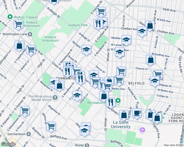 map of restaurants, bars, coffee shops, grocery stores, and more near 5535 Boyer Street in Philadelphia