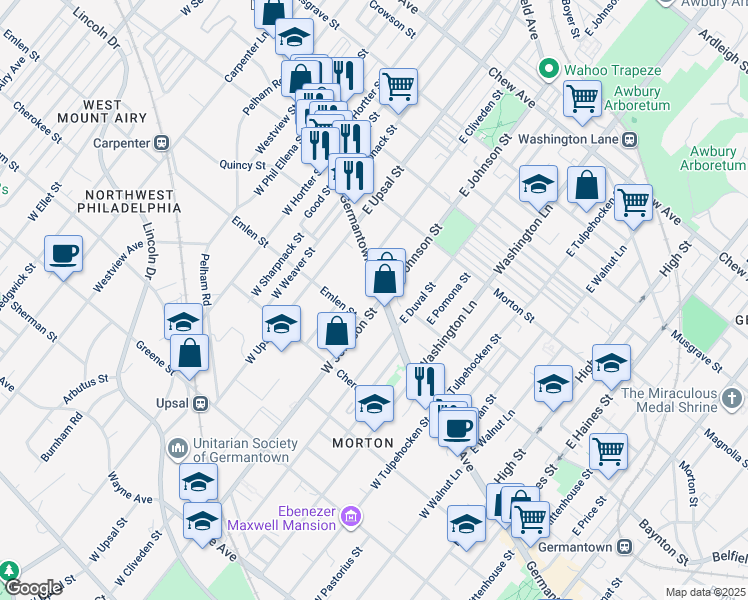 map of restaurants, bars, coffee shops, grocery stores, and more near 25 West Johnson Street in Philadelphia