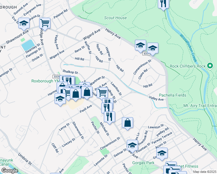 map of restaurants, bars, coffee shops, grocery stores, and more near 6919 Shalkop Street in Philadelphia