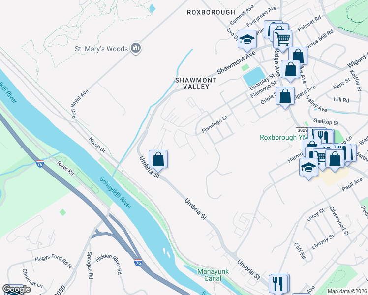 map of restaurants, bars, coffee shops, grocery stores, and more near 7516 Shaw Street in Philadelphia
