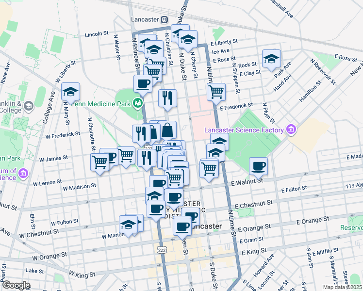 map of restaurants, bars, coffee shops, grocery stores, and more near 22 East James Street in Lancaster