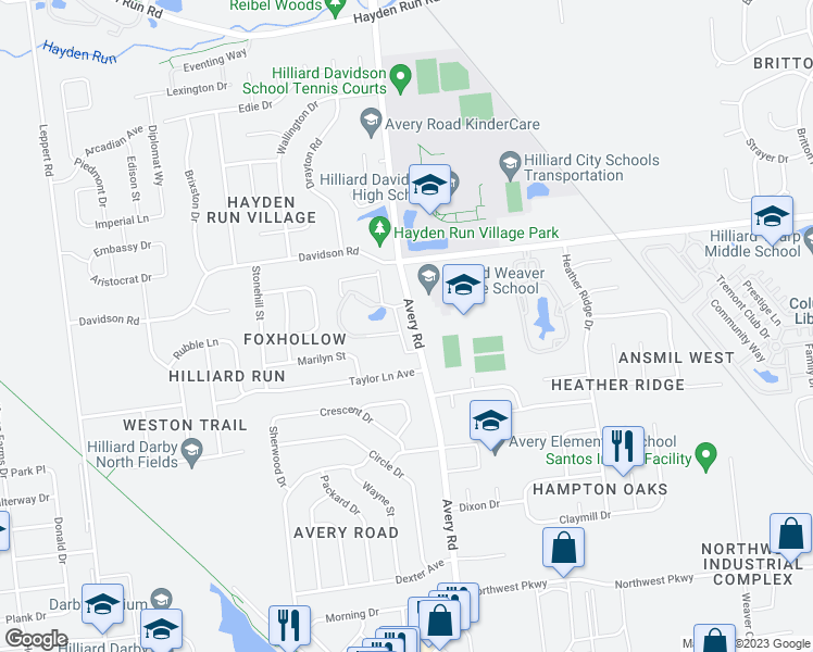 map of restaurants, bars, coffee shops, grocery stores, and more near 4600 Ava Point in Hilliard