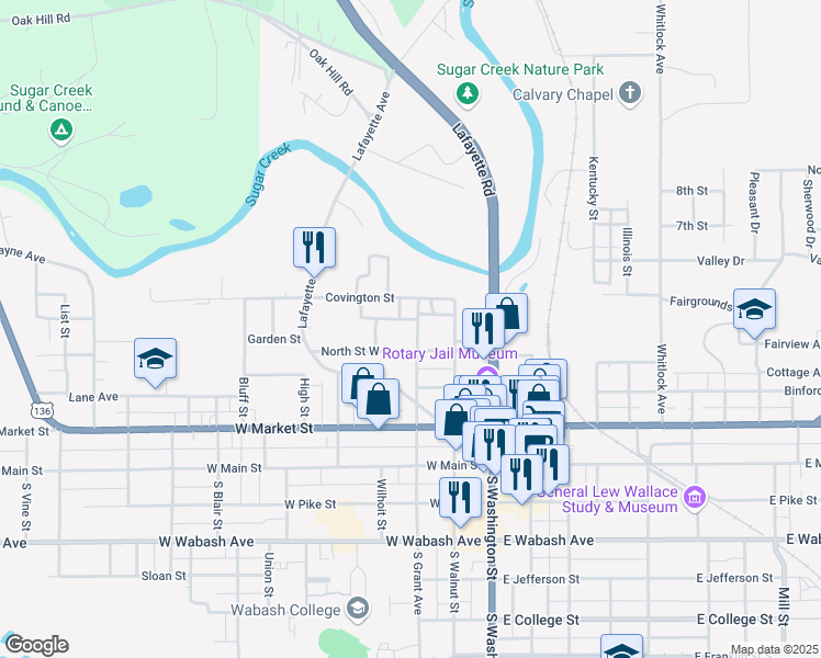 map of restaurants, bars, coffee shops, grocery stores, and more near 408 North Grant Avenue in Crawfordsville