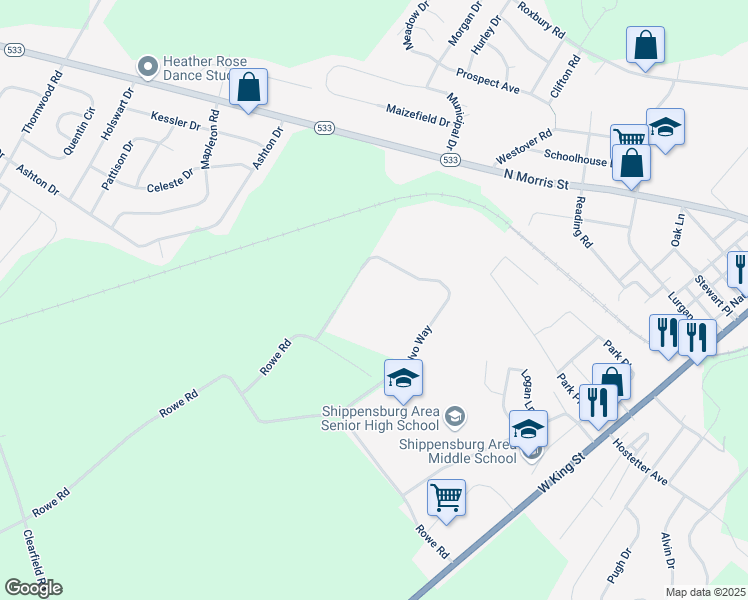 map of restaurants, bars, coffee shops, grocery stores, and more near 312 Volvo Way in Shippensburg
