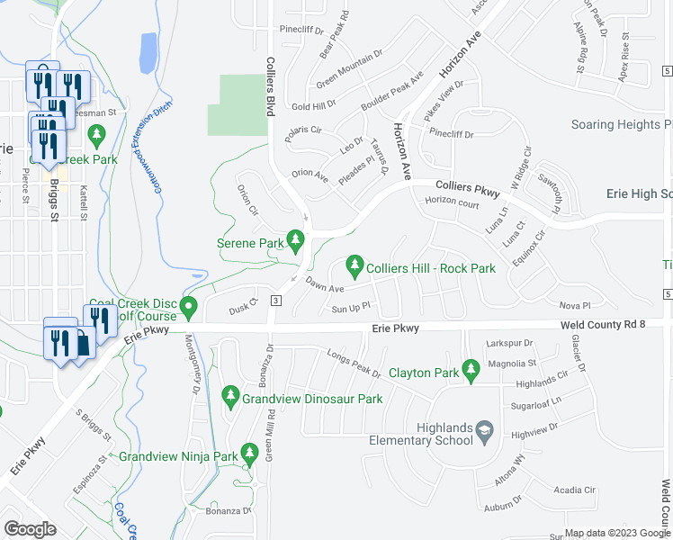 map of restaurants, bars, coffee shops, grocery stores, and more near 32 Sunshine Circle in Erie
