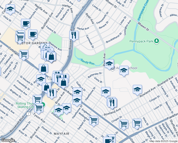 map of restaurants, bars, coffee shops, grocery stores, and more near 7525 Brous Avenue in Philadelphia