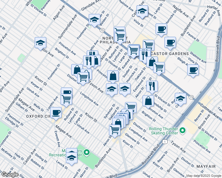 map of restaurants, bars, coffee shops, grocery stores, and more near 7026 Souder Street in Philadelphia