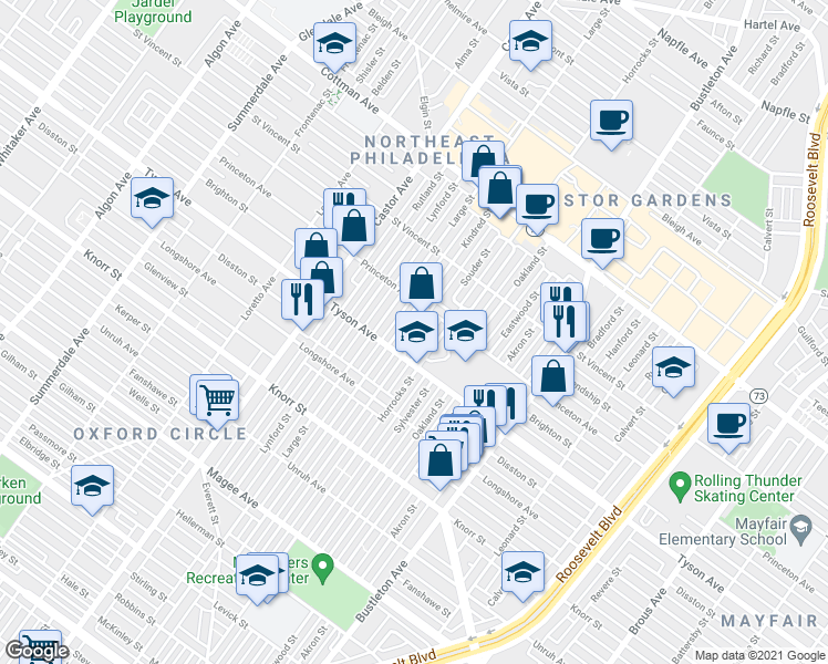 map of restaurants, bars, coffee shops, grocery stores, and more near 7026 Souder Street in Philadelphia