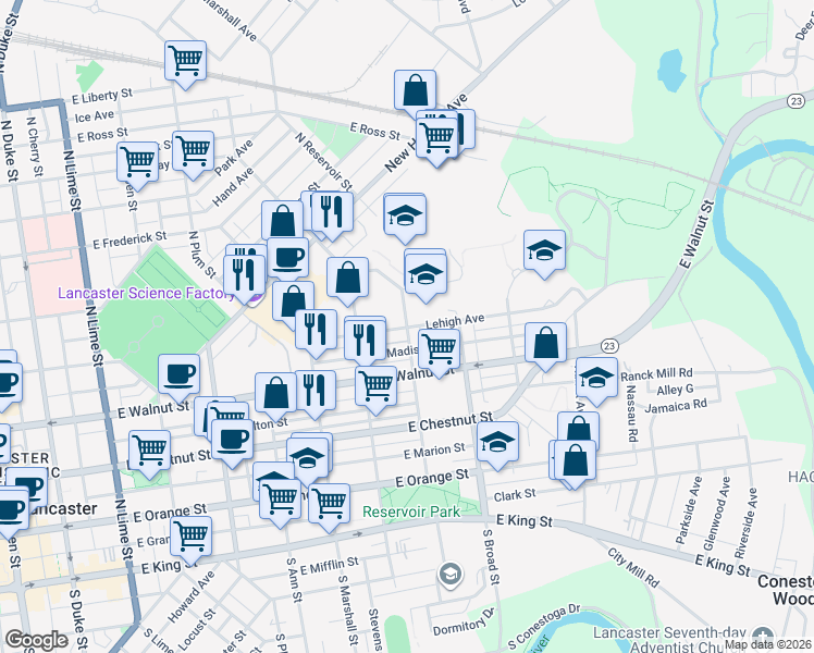 map of restaurants, bars, coffee shops, grocery stores, and more near 401 North Reservoir Street in Lancaster