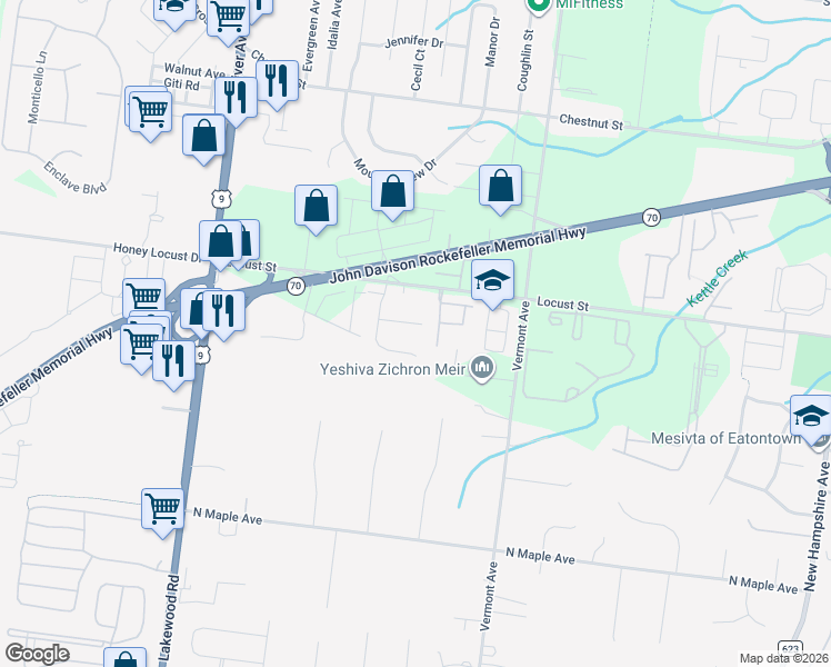 map of restaurants, bars, coffee shops, grocery stores, and more near 73 Hanover Way in Lakewood