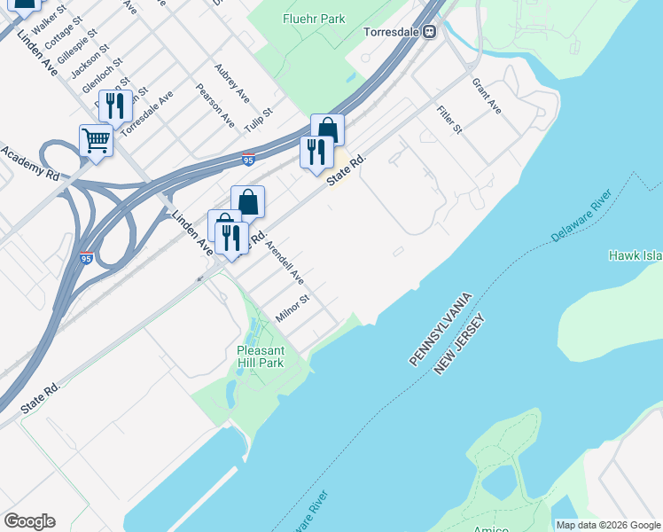 map of restaurants, bars, coffee shops, grocery stores, and more near 7000 Delaire Landing Road in Philadelphia