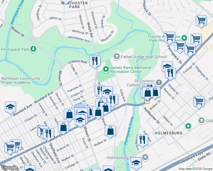 map of restaurants, bars, coffee shops, grocery stores, and more near 3422 Stanwood Street in Philadelphia