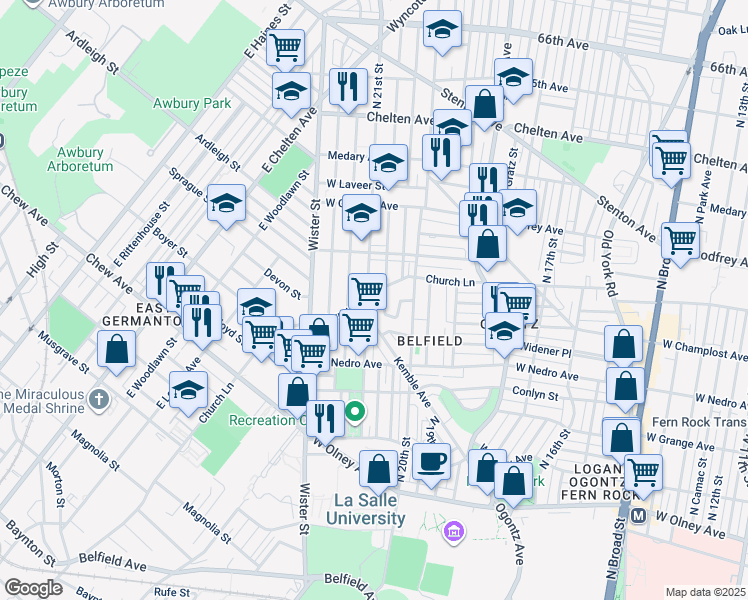 map of restaurants, bars, coffee shops, grocery stores, and more near 2070 Church Lane in Philadelphia