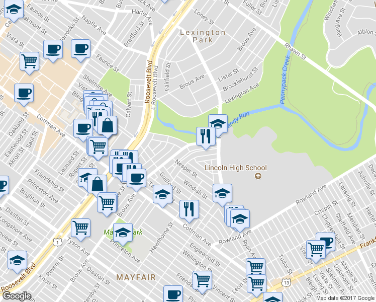 map of restaurants, bars, coffee shops, grocery stores, and more near 7527 Brous Avenue in Philadelphia