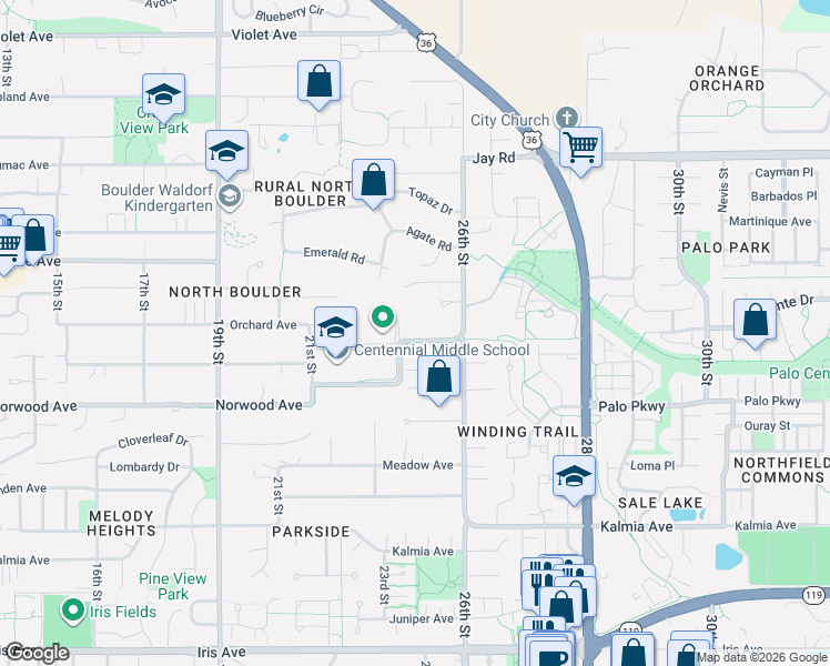 map of restaurants, bars, coffee shops, grocery stores, and more near 3895 Norwood Court in Boulder