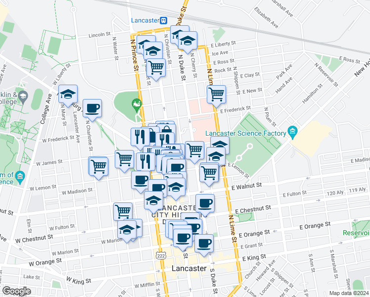 map of restaurants, bars, coffee shops, grocery stores, and more near 32 East James Street in Lancaster