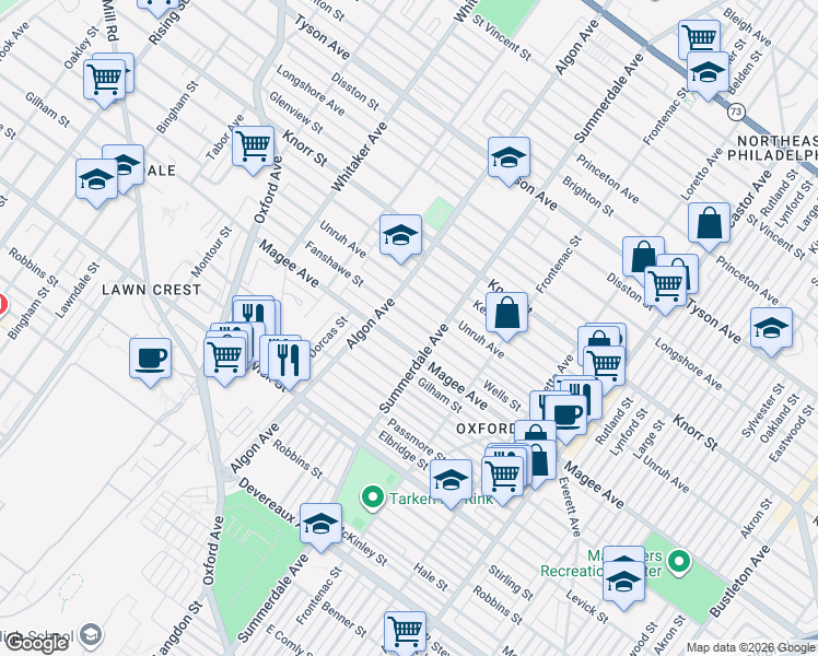 map of restaurants, bars, coffee shops, grocery stores, and more near 1129 Magee Avenue in Philadelphia