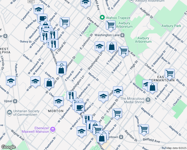 map of restaurants, bars, coffee shops, grocery stores, and more near 6217 Morton Street in Philadelphia