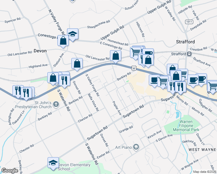 map of restaurants, bars, coffee shops, grocery stores, and more near 345 Oxer Court in Devon