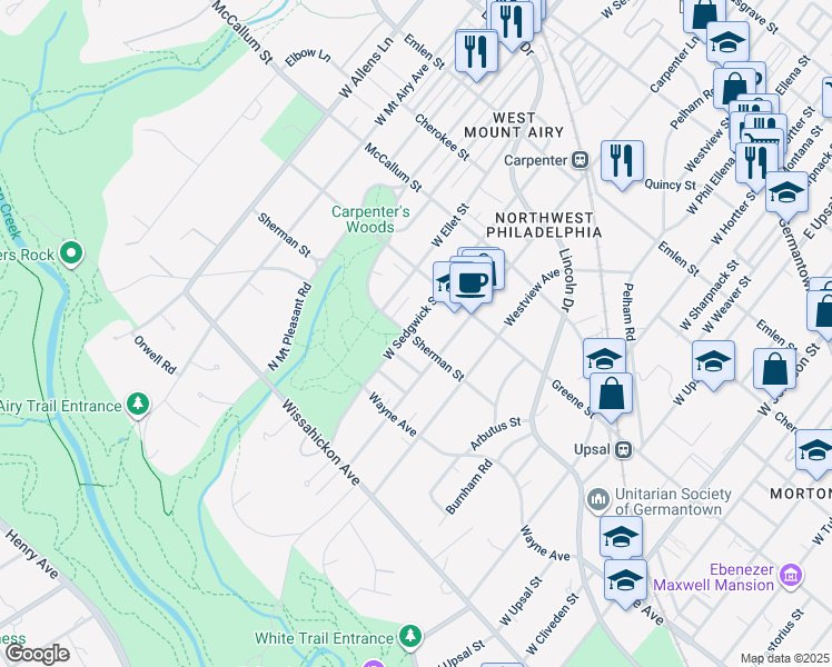 map of restaurants, bars, coffee shops, grocery stores, and more near 6933 Sherman Street in Philadelphia
