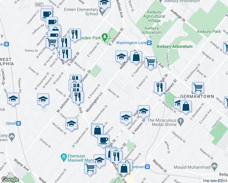map of restaurants, bars, coffee shops, grocery stores, and more near 6217 Morton Street in Philadelphia