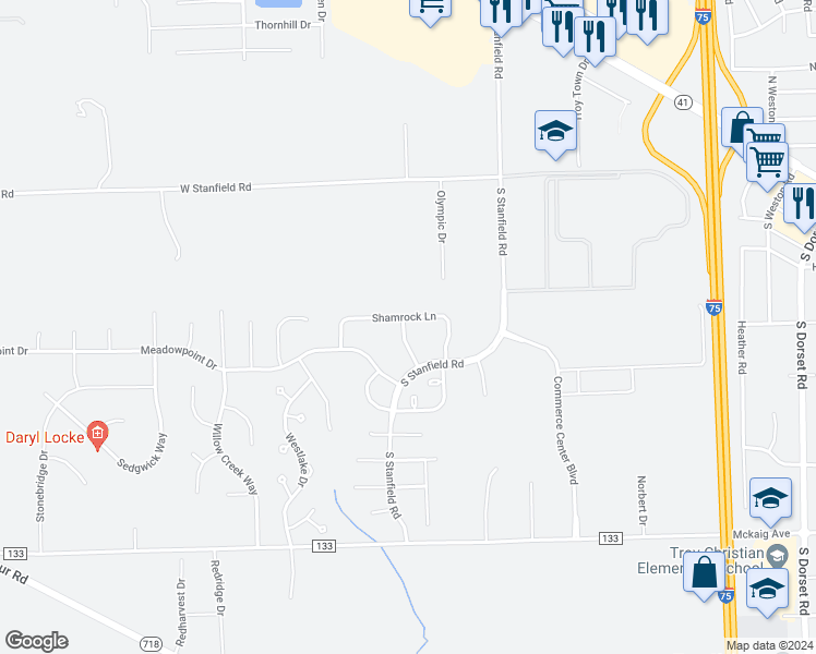 map of restaurants, bars, coffee shops, grocery stores, and more near 2251A Morning Glory Drive in Troy