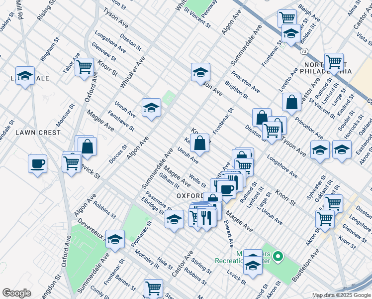 map of restaurants, bars, coffee shops, grocery stores, and more near 1229 Unruh Avenue in Philadelphia