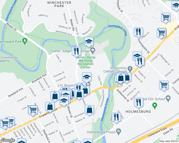 map of restaurants, bars, coffee shops, grocery stores, and more near 3425 Arthur Street in Philadelphia
