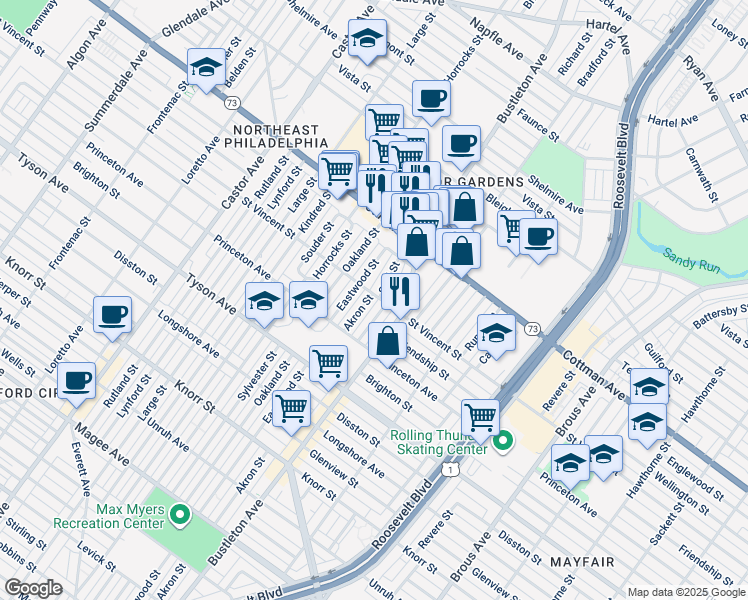 map of restaurants, bars, coffee shops, grocery stores, and more near 7157 Akron Street in Philadelphia
