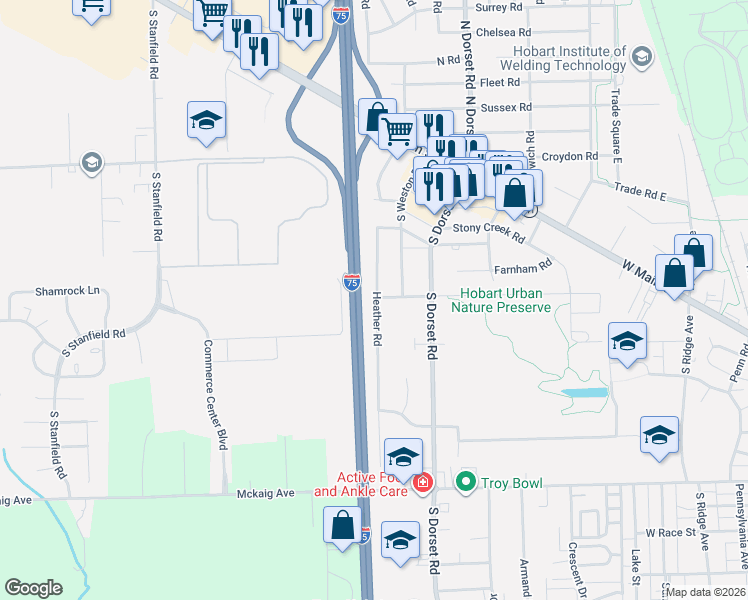 map of restaurants, bars, coffee shops, grocery stores, and more near 73b Heather Road in Troy