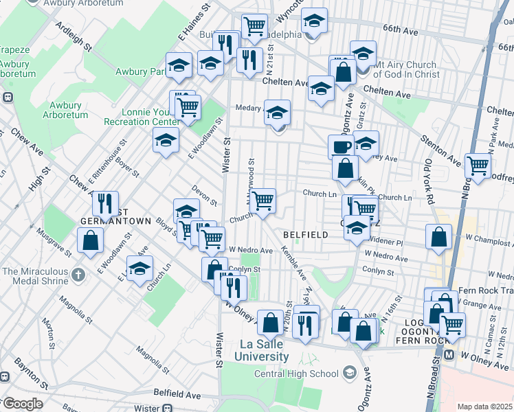 map of restaurants, bars, coffee shops, grocery stores, and more near 2107 Church Lane in Philadelphia