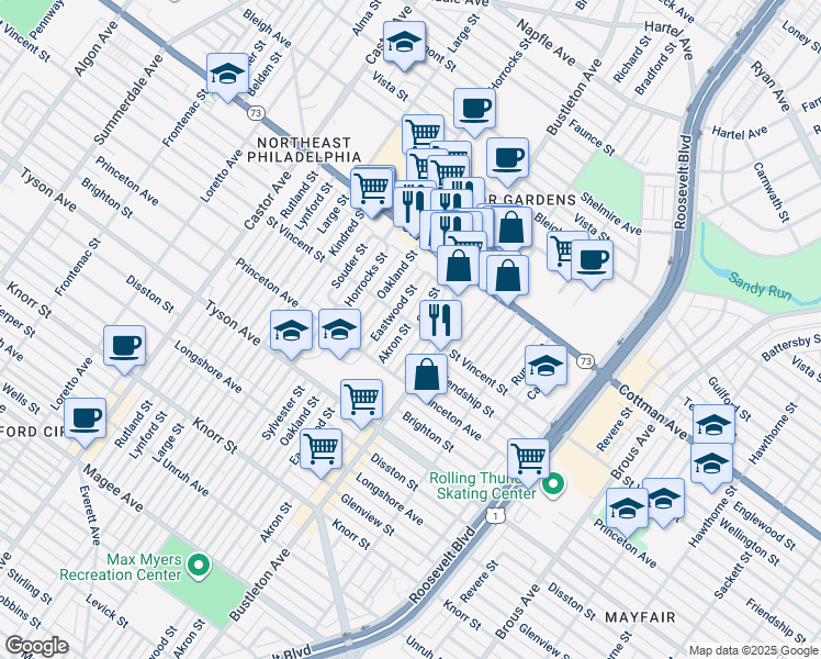 map of restaurants, bars, coffee shops, grocery stores, and more near 7157 Akron Street in Philadelphia