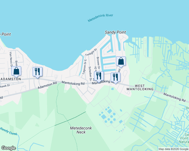 map of restaurants, bars, coffee shops, grocery stores, and more near 34 Mary Ann Drive in Brick Township