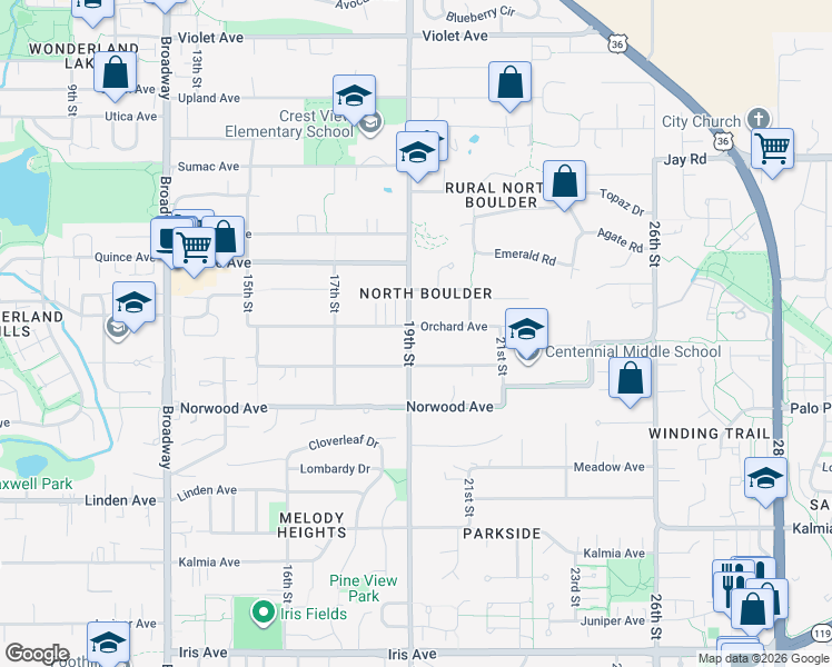 map of restaurants, bars, coffee shops, grocery stores, and more near 3880 19th Street in Boulder
