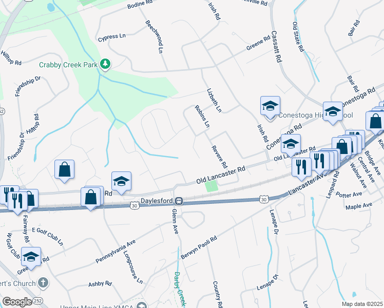 map of restaurants, bars, coffee shops, grocery stores, and more near 10 Long Lane in Berwyn