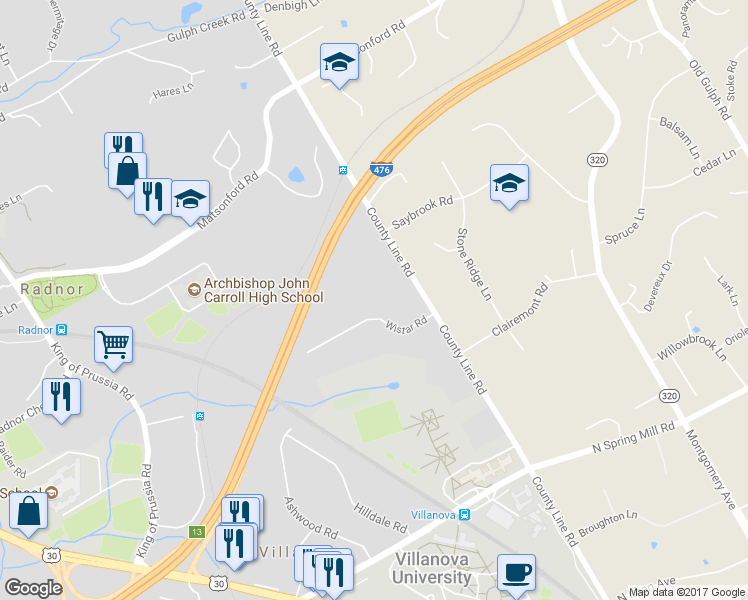 map of restaurants, bars, coffee shops, grocery stores, and more near 22 Wistar Road in Villanova
