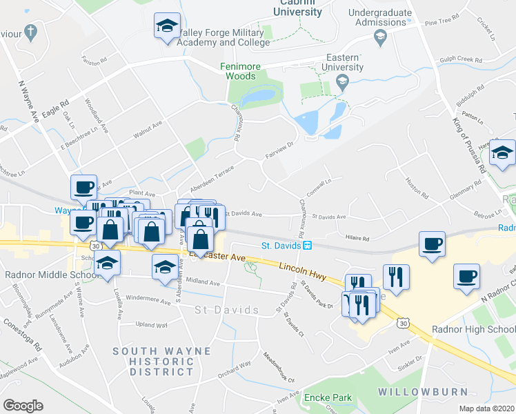 map of restaurants, bars, coffee shops, grocery stores, and more near 473 Saint Davids Avenue in Saint Davids
