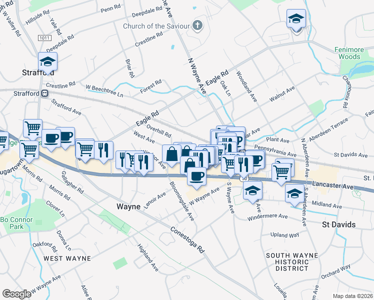 map of restaurants, bars, coffee shops, grocery stores, and more near 120 South Bellevue Avenue in Wayne