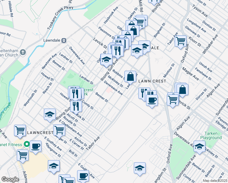 map of restaurants, bars, coffee shops, grocery stores, and more near 6136 Bingham Street in Philadelphia