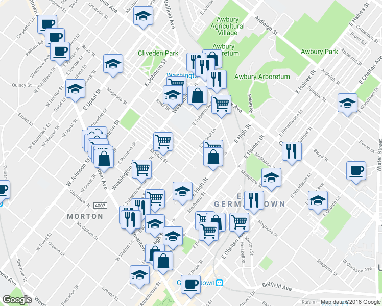 map of restaurants, bars, coffee shops, grocery stores, and more near 6104 Magnolia Street in Philadelphia